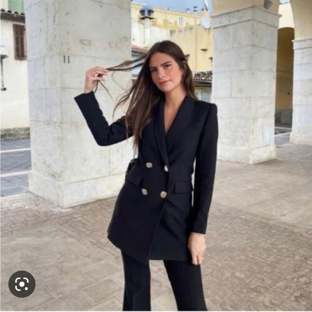 Zara Double Breasted Long Black Blazer Jacket with Gold Buttons Size XS-S